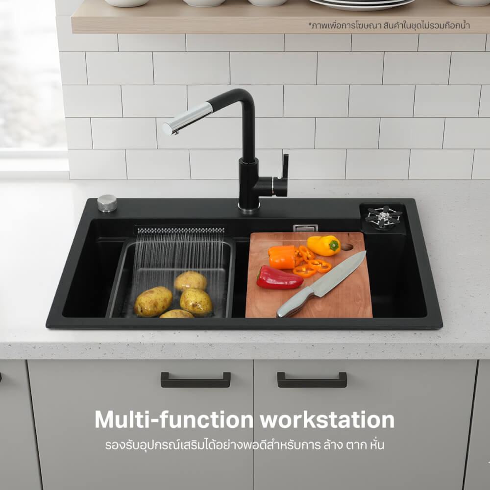 ซิงค์ล้างจานแกรนิตม่ายน้ำตก 1 หลุม หินแกรนิตสังเคราะห์ EVE รุ่น ROMA 750/480 BLACK ขนาด 75 ซม. สีดำ